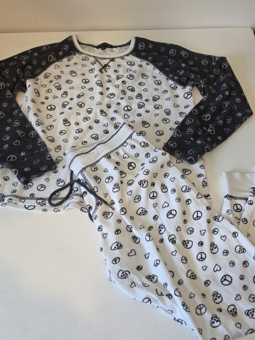 P.J. Salvage White & Black Peace Sign Waffle Pajama Set